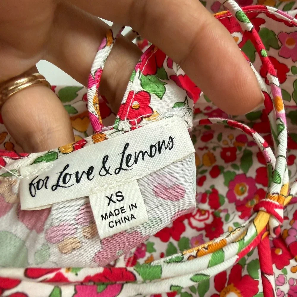 For Love & Lemons XS Floral Puff Sleeve Lace Up Back Mini‎ Dress Red Pink Cotton